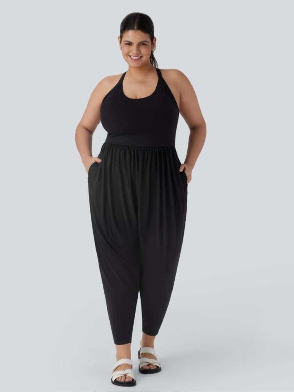 Plus-Size Black Sleeveless Jumpsuit with Open Back - Picture 2 of 9